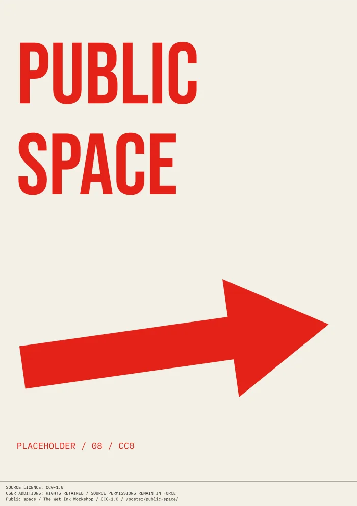 Off-white typographic print reading “PUBLIC SPACE”, with an arrow and a clearly marked placeholder credit.